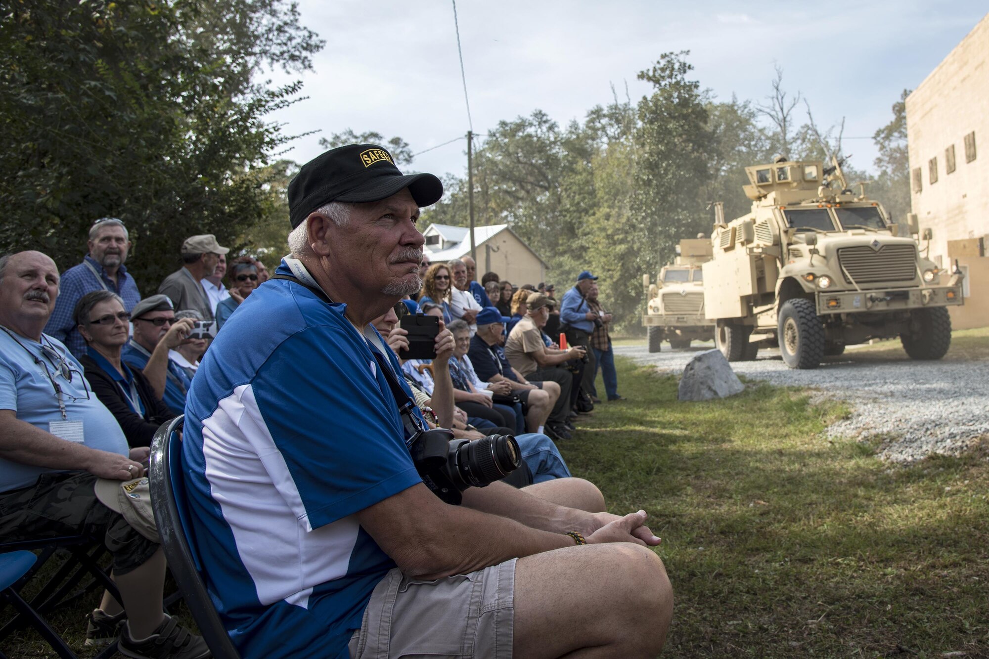 Members of the Safeside Association watch a demonstration by the 820th Base Defense Group, during a Safeside reunion Nov.8,2017, at Moody Air Force Base, Ga. Biennially, the Safeside Association holds a reunion to interact with and honor their past and present comrades from the 820th Base Defense Group. (U.S. Air Force photo by Airman Eugene Oliver)