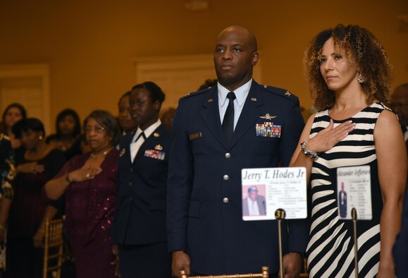 Col. Leo Lawson Jr., 81st Training Group commander, and his wife, Denise, attend the Tuskegee Airmen Inc. 8th Annual Benefit Gala at the Slavonian Lodge Nov. 4, 2017, in Biloxi, Mississippi. The event, which was held to raise funds for the Col. Lawrence E. Roberts Scholarships Fund, also included a silent auction and dinner. (U.S. Air Force photo by Kemberly Groue)