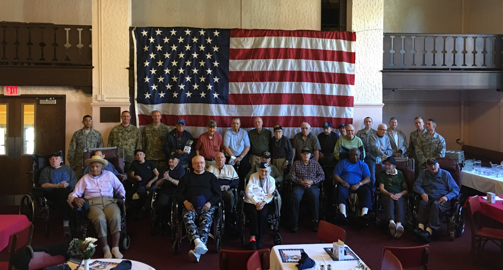193rd Special Operations Security Forces Squadron Airmen pose with Veterans at the Middletown Home, Middletown, Pennsylvania, Oct. 17, 2017. This was the third year that 193rd SOSFS Airmen visited the home for a Veterans lunch. (U.S. Air National Guard Courtesy Photo/Released)