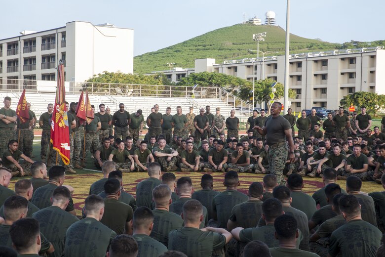 Maj. Gen. Craig Timberlake, the commanding general of 3rd Marine Division, speaks to U.S. Marines with 3rd Marine Regiment after a motivational run for Bougainville Day, Marine Corps Base Hawaii, Nov. 1, 2017. Bougainville Day is the 75th Anniversary of the unit and 74th anniversary of the Battle of Bougainville. The battle happened on Nov. 1, 1943, when 3rd Marines landed at Empress Augusta Bay, Bougainville, to establish a beachhead, fending off thousands of Imperial Japanese soldiers. (U.S. Marine Corps photo by Cpl. Jesus Sepulveda Torres)