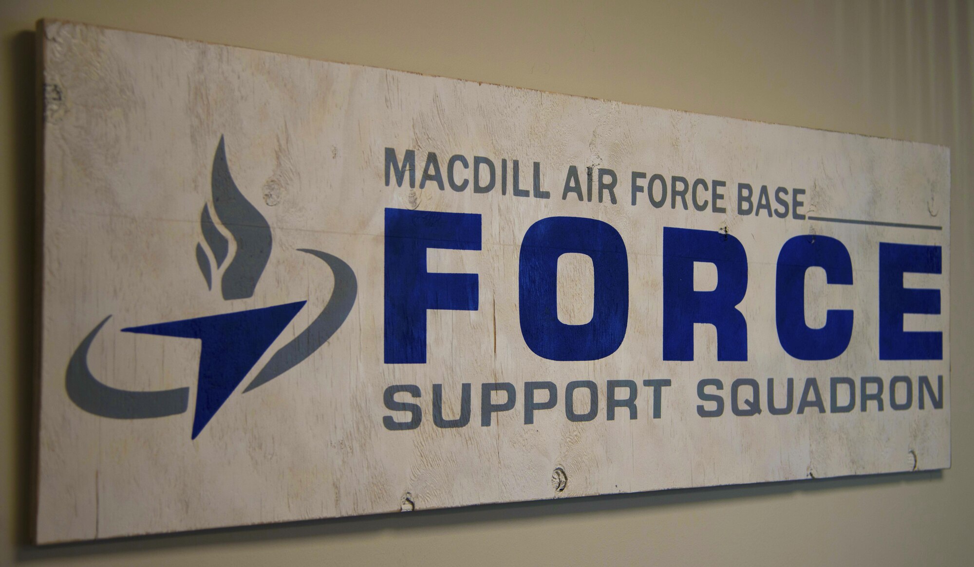 A handmade 6th Force Support Squadron (FSS) logo hangs in the office of U.S. Air Force Lt. Col. Sergio Rios, commander of the 6th FSS at MacDill Air Force Base, Fla., Nov. 8, 2017.