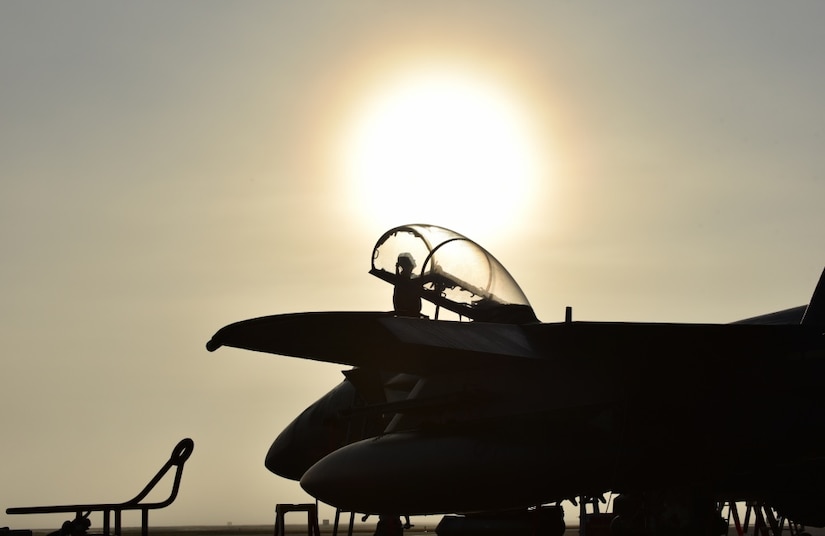 An airman from Mountain Home Air Force Base, Idaho, inspects an F-15 Eagle cockpit canopy prior to the arrival of its pilot on the flightline at Tyndall Air Force Base, Fla.