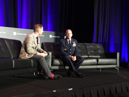 Defense One reporter Marcus Weisgerber speaks with Air Force Vice Chief of Staff Gen. Stephen W. Wilson at the Defense One Summit in Washington, Nov. 9, 2017. Wilson stressed the need for speed to counter global threats. (DoD photo by Jim Garamone)