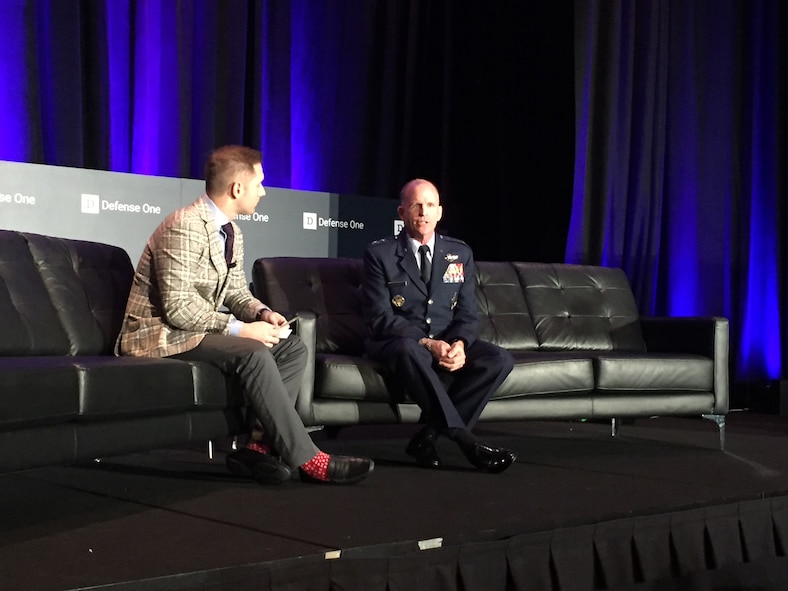 Defense One reporter Marcus Weisgerber speaks with Air Force Vice Chief of Staff Gen. Stephen W. Wilson at the Defense One Summit in Washington, Nov. 9, 2017. Wilson stressed the need for speed to counter global threats. (DoD photo by Jim Garamone)