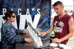 Petty Officer Dalisay De Ocampo of Lakewood, Wash., speaks with Garret Nunnelly, a sophomore attending Floresville High School, about career opportunities during the 2017 Joint Base San Antonio Air Show and Open House aboard JBSA-Lackland Kelly Field Annex.  Nunnelly was amongst 3,200 high school students attending the pre-day rehearsals of the air show and visiting the Navy’s virtual reality experience, the “Nimitz”.    De Ocampo is a Navy recruiter assigned to Navy Recruiting Station Mercado, Navy Recruiting District San Antonio and originally from Cavite, the Philippines.