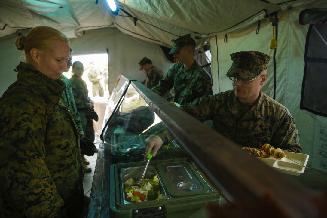 Marines with 2nd Marine Logistics Group serve food during the Maj. Gen. William Pendleton Thompson Hill Awards for food service excellence competition aboard Camp Lejeune, N.C., Nov. 8, 2017. The W.T.P. Hill award recognizes the best mess hall operations in the entire Marine Corps for outstanding performance.  (U.S. Marine Corps photo by Lance Cpl. Leynard Kyle Plazo)