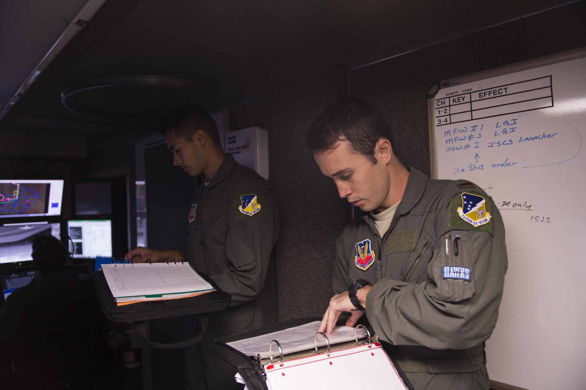 The aircrew students from the 6th Attack Squadron begin the steps prior to their first solo flight at Holloman Air Force Base, N.M., Nov. 7, 2017. Solo flights build confidence, airmanship and a crew mentality more than academic classroom discussion, or under direct instructor supervision in the cockpit.(U.S. Air Force photo by Tech. Sgt. Amanda Junk)