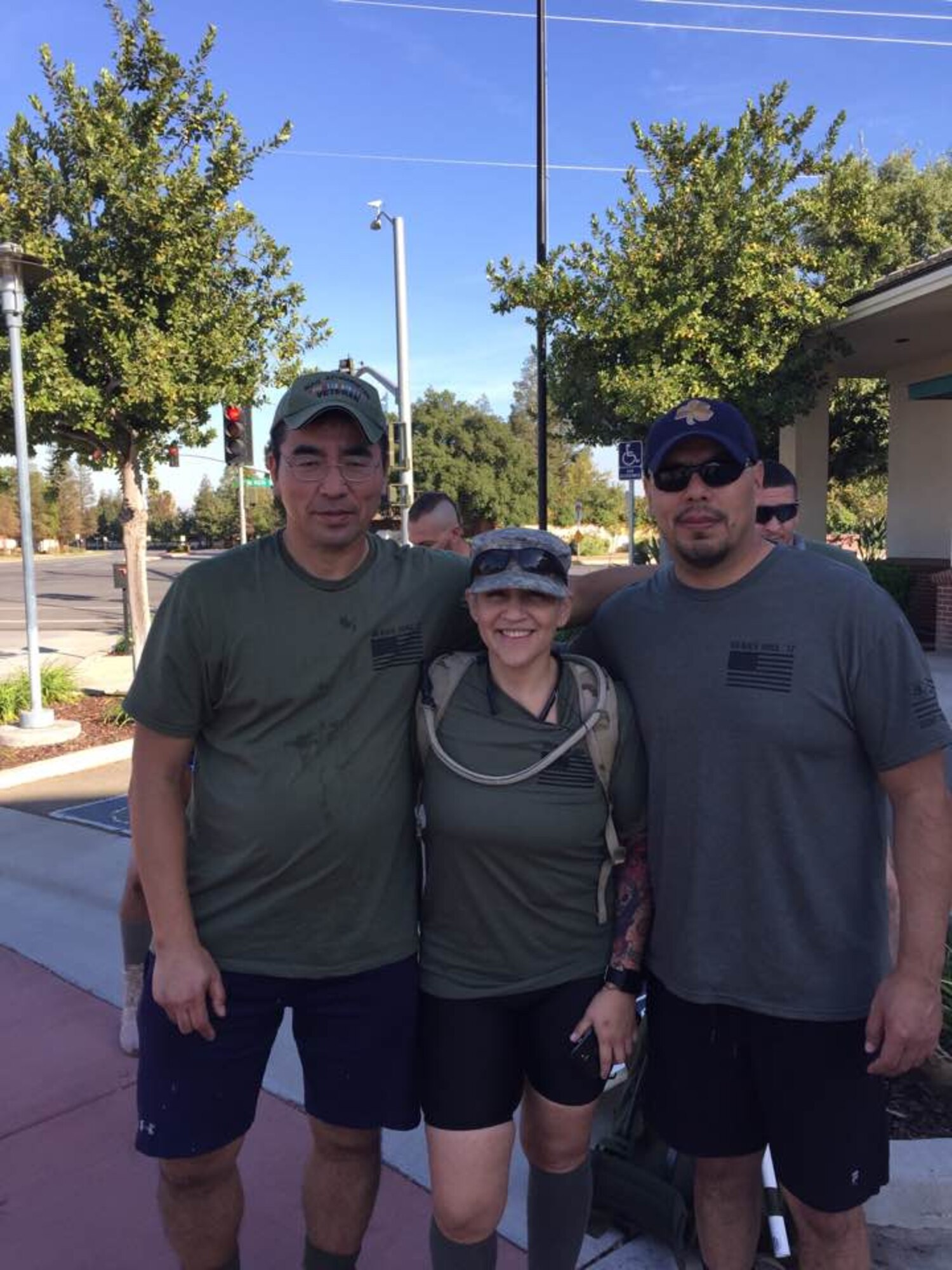Lt. Col. Susumu Uchiyama (left) poses with two veterans during the Silkies Hike Oct. 21 in Bakersfield, California. Uchiyama is the 940th Mission Support Group deputy commander at Beale Air Force Base, California. (Courtesy photo)