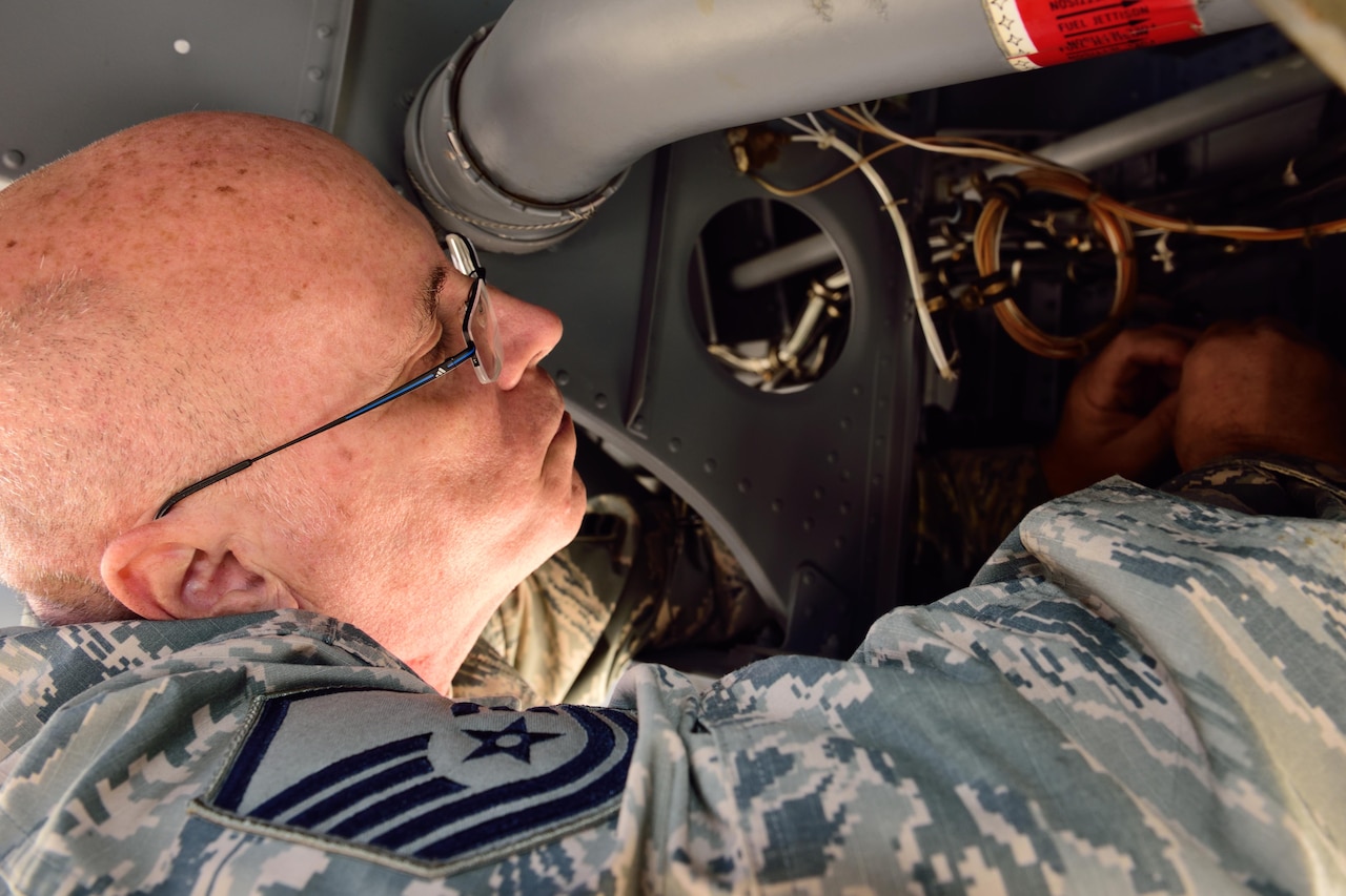 Master Sgt. David Morrison, 403rd Aircraft Maintenance Squadron instruments flight control system technician, repairs the fuel quantity indication sensor on a WC-130J Super Hercules at Keesler Air Force Base, Mississippi, Oct. 24, 2017. Morrison also works for the squadron in the same capacity as an air reserve technician, performing his Air Force Reserve job as full-time civil service employee for the Department of Defense. (U.S. Air Force photo by Tech. Sgt. Ryan Labadens)