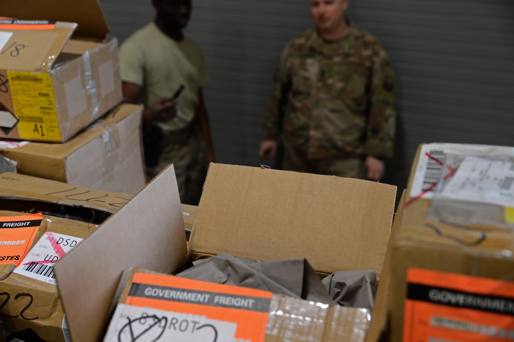Shipment boxes are cleared and verified by inbound cargo Nov. 4, 2017 at Bagram Airfield, Afghanistan.
