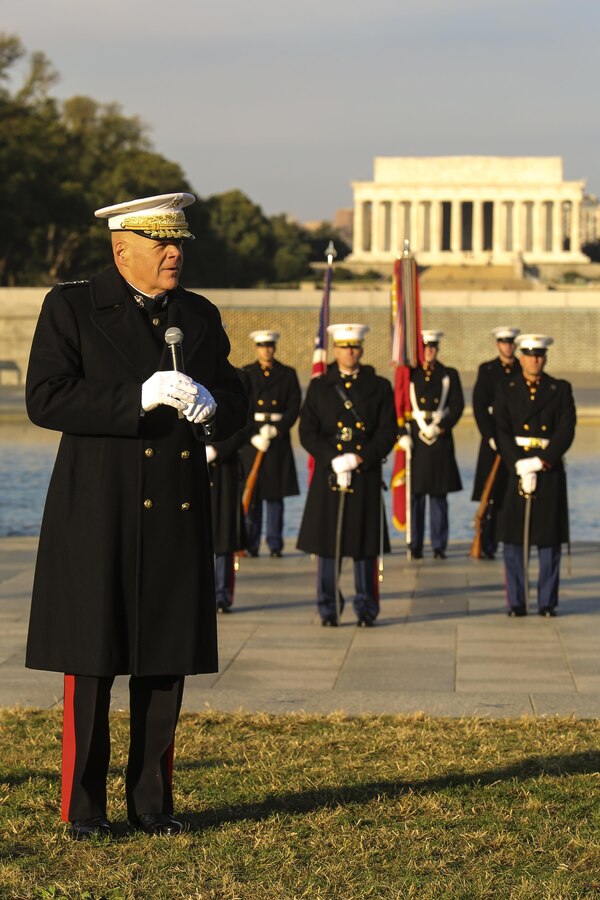 Commandant of the Marine Corps, Gen. Robert B. Neller, speaks to Marines and guests attending the Marine Corps’ Birthday Wreath Laying Ceremony at the World War II Memorial, Washington D.C., Nov. 10, 2017. The wreath laying ceremony is an annual event held to celebrate the U.S. Marine Corps’ birthday and honor those who gave the last measure of devotion to country and Corps. (Official U.S. Marine Corps photo by Cpl. Damon A. Mclean/Released)
