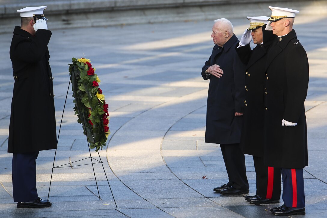 The offical party renders honors during the Marine Corps’ Birthday Wreath Laying Ceremony at the World War II Memorial, Washington D.C., Nov. 10, 2017. The wreath laying ceremony is an annual event held to celebrate the U.S. Marine Corps’ birthday and honor those who gave the last measure of devotion to country and Corps. (Official U.S. Marine Corps photo by Cpl. Damon A. Mclean/Released)