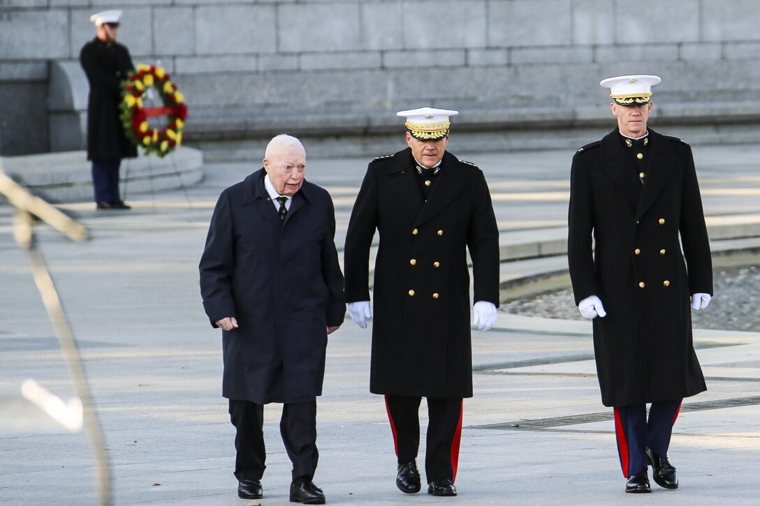 The official party returns from laying the wreath at the Pacific Arch of the World War II Memorial during the Marine Corps’ Birthday Wreath Laying Ceremony, Washington D.C., Nov. 10, 2017. The wreath laying ceremony is an annual event held to celebrate the U.S. Marine Corps’ birthday and honor those who gave the last measure of devotion to country and Corps. (Official U.S. Marine Corps photo by Cpl. Damon A. Mclean/Released)