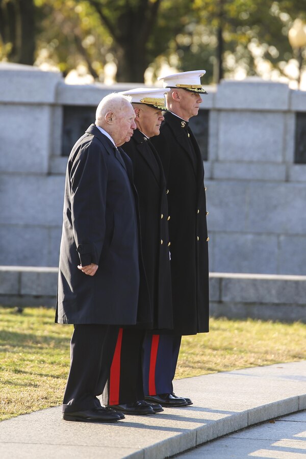 The official party of the Marine Corps’ Birthday Wreath Laying Ceremony stands at the position of attention as the ceremony comes to a close at the World War II Memorial, Washington D.C., Nov. 10, 2017. The wreath laying ceremony is an annual event held to celebrate the U.S. Marine Corps’ birthday and honor those who gave the last measure of devotion to country and Corps. (Official U.S. Marine Corps photo by Cpl. Damon A. Mclean/Released)