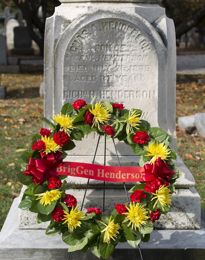 A wreath for Brig. Gen. Archibald Henderson, fifth and longest-serving Commandant of the Marine Corps, was laid at his gravestone during a wreath laying ceremony at the Congressional Cemetery, Washington D.C., Nov. 10, 2017. The wreath laying ceremony is an annual event held to celebrate the U.S. Marine Corps’ birthday and honor those who gave the last full measure of devotion to country and Corps. (Official U.S. Marine Corps photo by Cpl. Robert Knapp/Released)