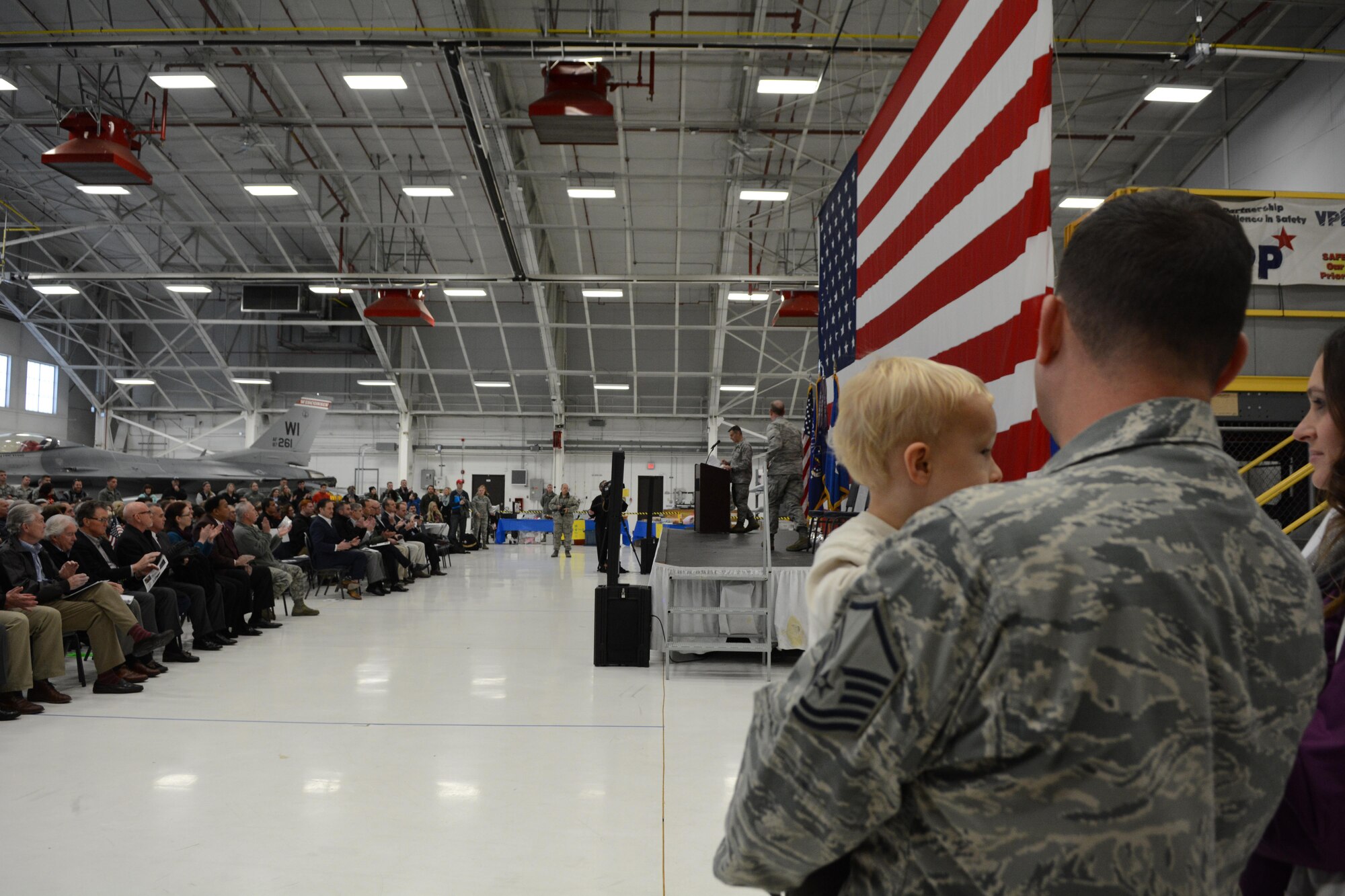 Airmen of the 115th Fighter Wing Airmen were welcomed home by family and friends in a ceremony held today at Truax Field in Madison, Wis. November 8, 2017.  Approximately 270 Airmen and 12  F-16 Fighting Falcons were deployed to Kunsan Air Base, Republic of Korea for three months training under the direction of the 8th Fighter Wing at Kunsan as part of a Pacific Air Force Theater Security Package deployment.