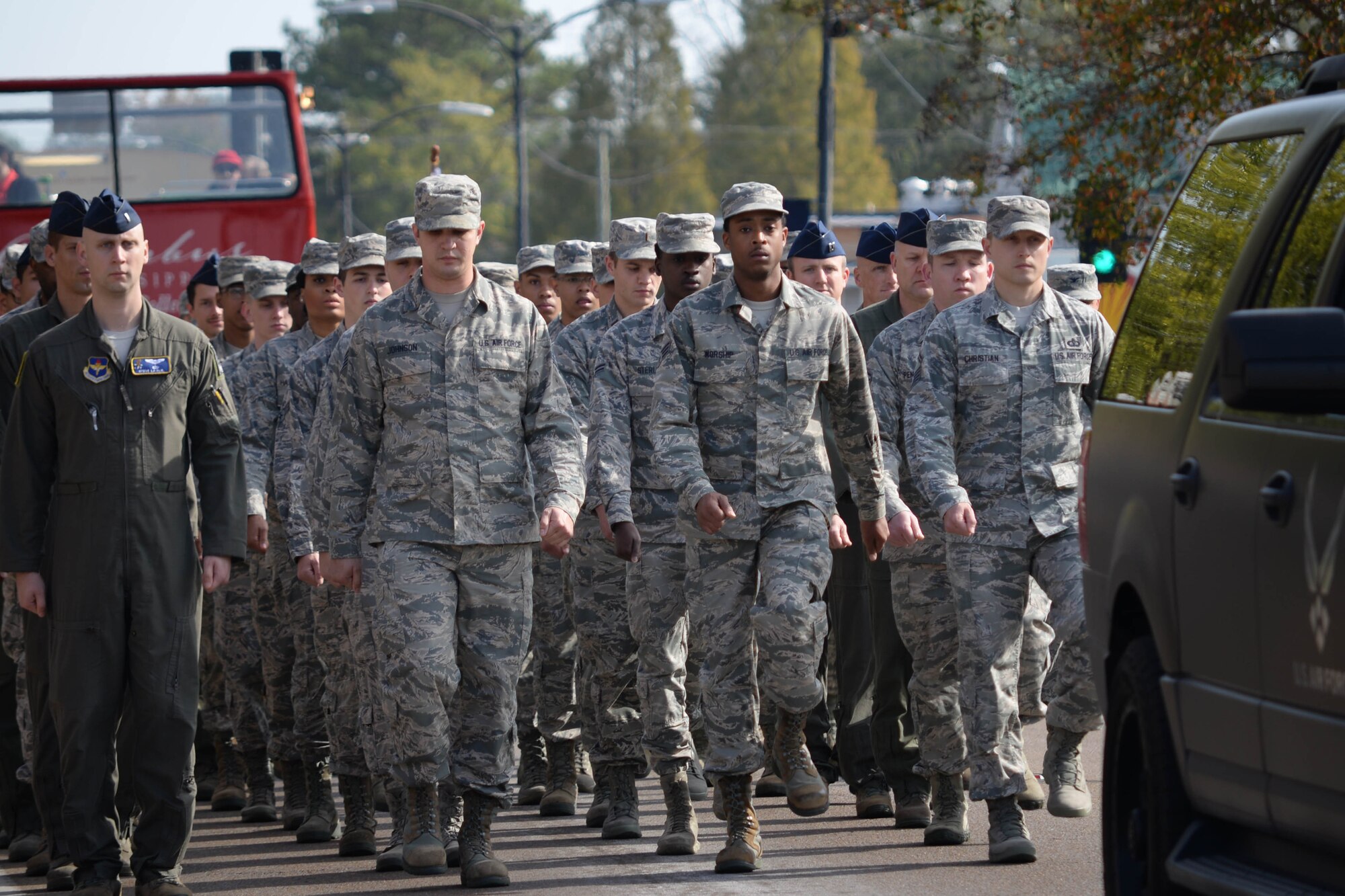 Airmen from Columbus Air Force Base, Mississippi, march during a Veterans Day parade Nov. 11, 2017, in Columbus, Mississippi. Airmen from many squadrons on base participated in the parade as well as the wreath laying ceremony that took place shortly afterward. (U.S. Air Force photo by Airman 1st Class Keith Holcomb)