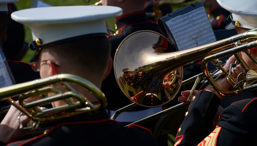 Members of the Quantico Marine Band perform during a Veterans Day ceremony at Quantico National Cemetery in Quantico, Va., Nov. 11, 2017. The Veterans Day ceremony is an annual event hosted by the Potomac Region Veterans Council. The event featured a performance by the Quantico Marine Corps Band. (U.S. Air Force photo by Tech. Sgt. Dan DeCook)