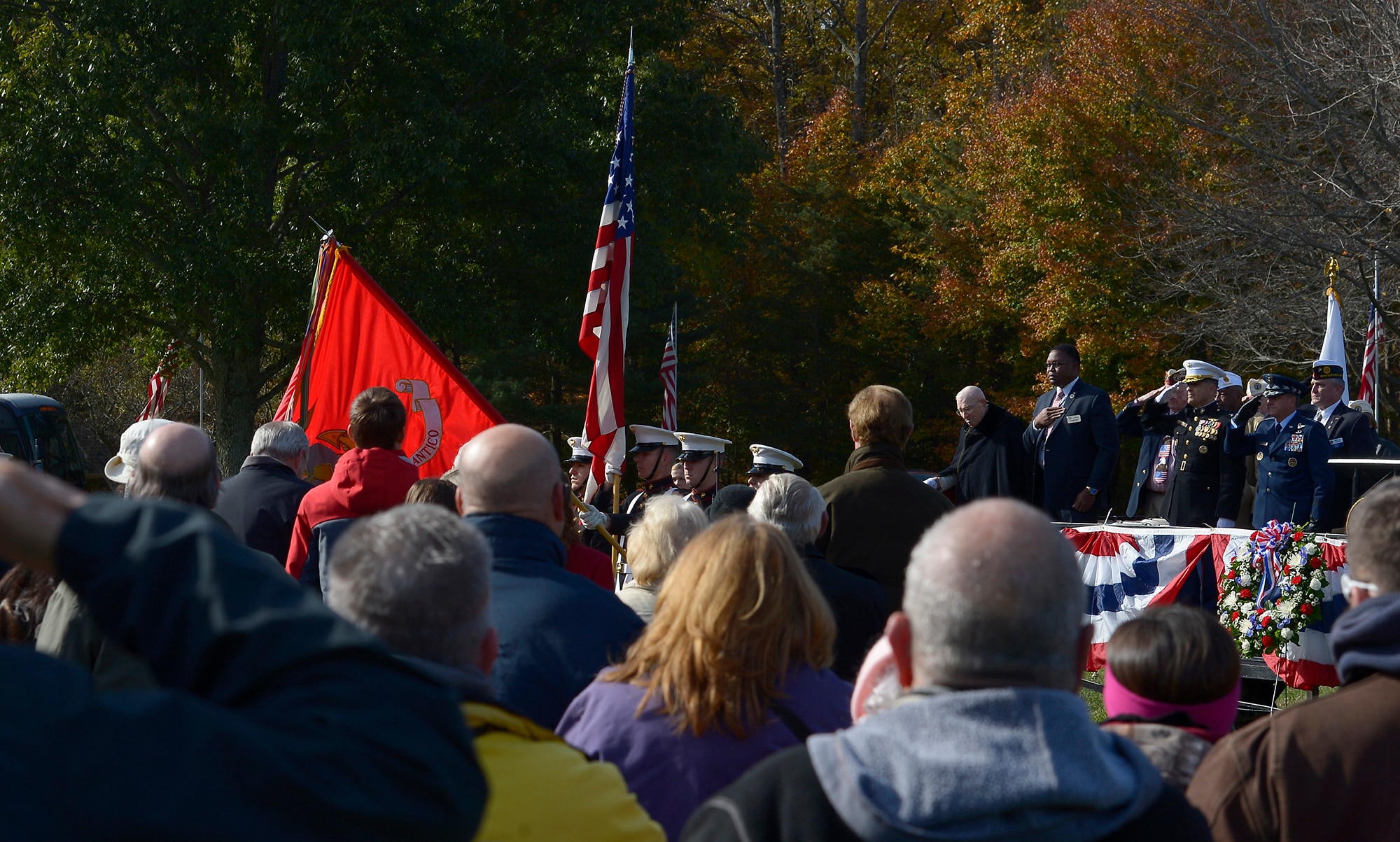 Members of a color guard from Quantico Marine Corps Base present the colors during a Veterans Day ceremony at Quantico National Cemetery in Quantico, Va., Nov. 11, 2017. The Veterans Day ceremony is an annual event hosted by the Potomac Region Veterans Council. The event featured a performance by the Quantico Marine Corps Band. (U.S. Air Force photo by Tech. Sgt. Dan DeCook)