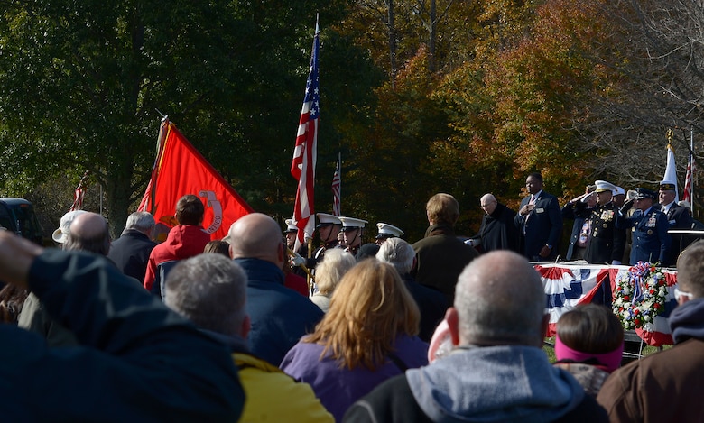 Members of a color guard from Quantico Marine Corps Base present the colors during a Veterans Day ceremony at Quantico National Cemetery in Quantico, Va., Nov. 11, 2017. The Veterans Day ceremony is an annual event hosted by the Potomac Region Veterans Council. The event featured a performance by the Quantico Marine Corps Band. (U.S. Air Force photo by Tech. Sgt. Dan DeCook)