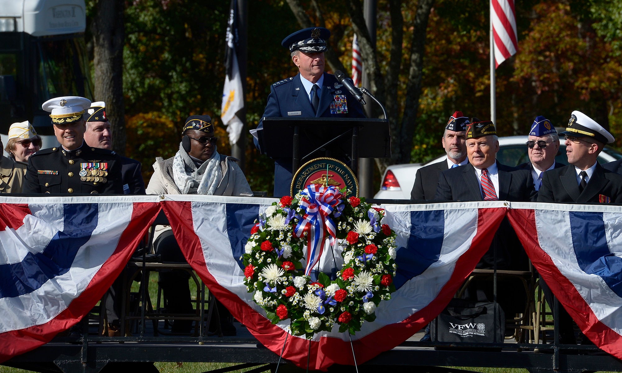 Air Force Chief of Staff Gen. David L. Goldfein delivers the keynote speech during a Veterans Day ceremony at Quantico National Cemetery in Quantico, Va., Nov. 11, 2017. The Veterans Day ceremony is an annual event hosted by the Potomac Region Veterans Council. The event featured a performance by the Quantico Marine Corps Band.  (U.S. Air Force photo by Tech. Sgt. Dan DeCook)