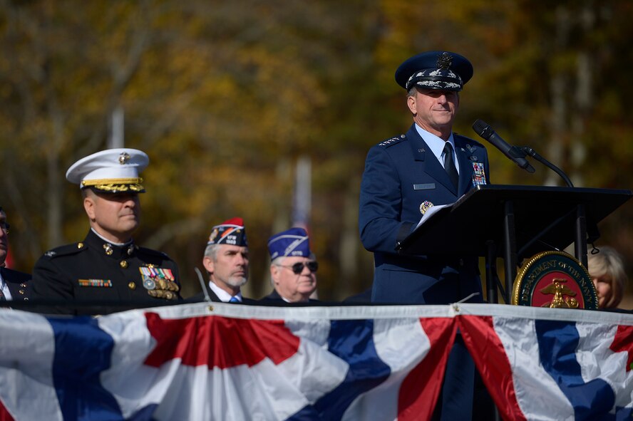 Air Force Chief of Staff Gen. David L. Goldfein delivers the keynote speech during a Veterans Day ceremony at Quantico National Cemetery in Quantico, Va., Nov. 11, 2017. The Veterans Day ceremony is an annual event hosted by the Potomac Region Veterans Council. The event featured a performance by the Quantico Marine Corps Band.  (U.S. Air Force photo by Tech. Sgt. Dan DeCook)