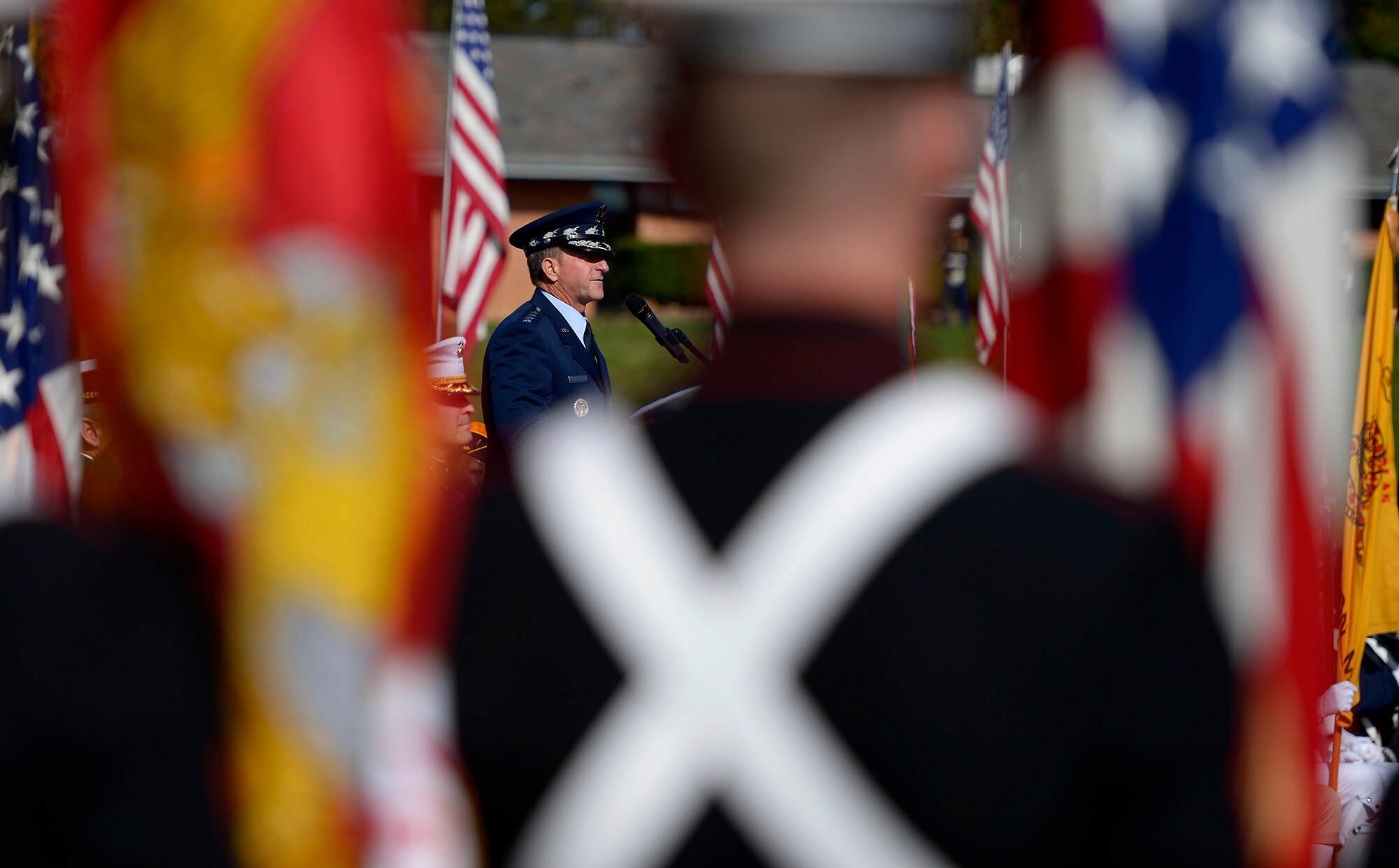 Air Force Chief of Staff Gen. David L. Goldfein delivers the keynote speech during a Veterans Day ceremony at Quantico National Cemetery in Quantico, Va., Nov. 11, 2017. The Veterans Day ceremony is an annual event hosted by the Potomac Region Veterans Council. The event featured a performance by the Quantico Marine Corps Band.  (U.S. Air Force photo by Tech. Sgt. Dan DeCook)