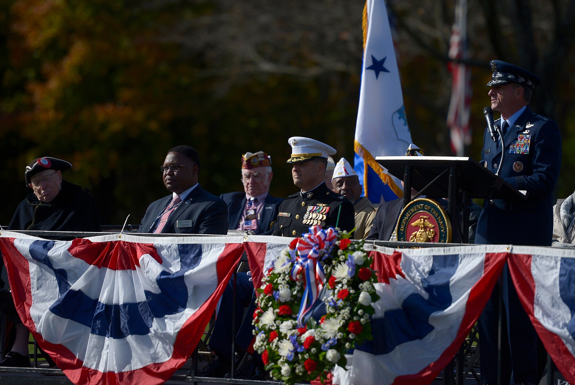 Air Force Chief of Staff Gen. David L. Goldfein delivers the keynote speech during a Veterans Day ceremony at Quantico National Cemetery in Quantico, Va., Nov. 11, 2017. The Veterans Day ceremony is an annual event hosted by the Potomac Region Veterans Council. The event featured a performance by the Quantico Marine Corps Band.  (U.S. Air Force photo by Tech. Sgt. Dan DeCook)