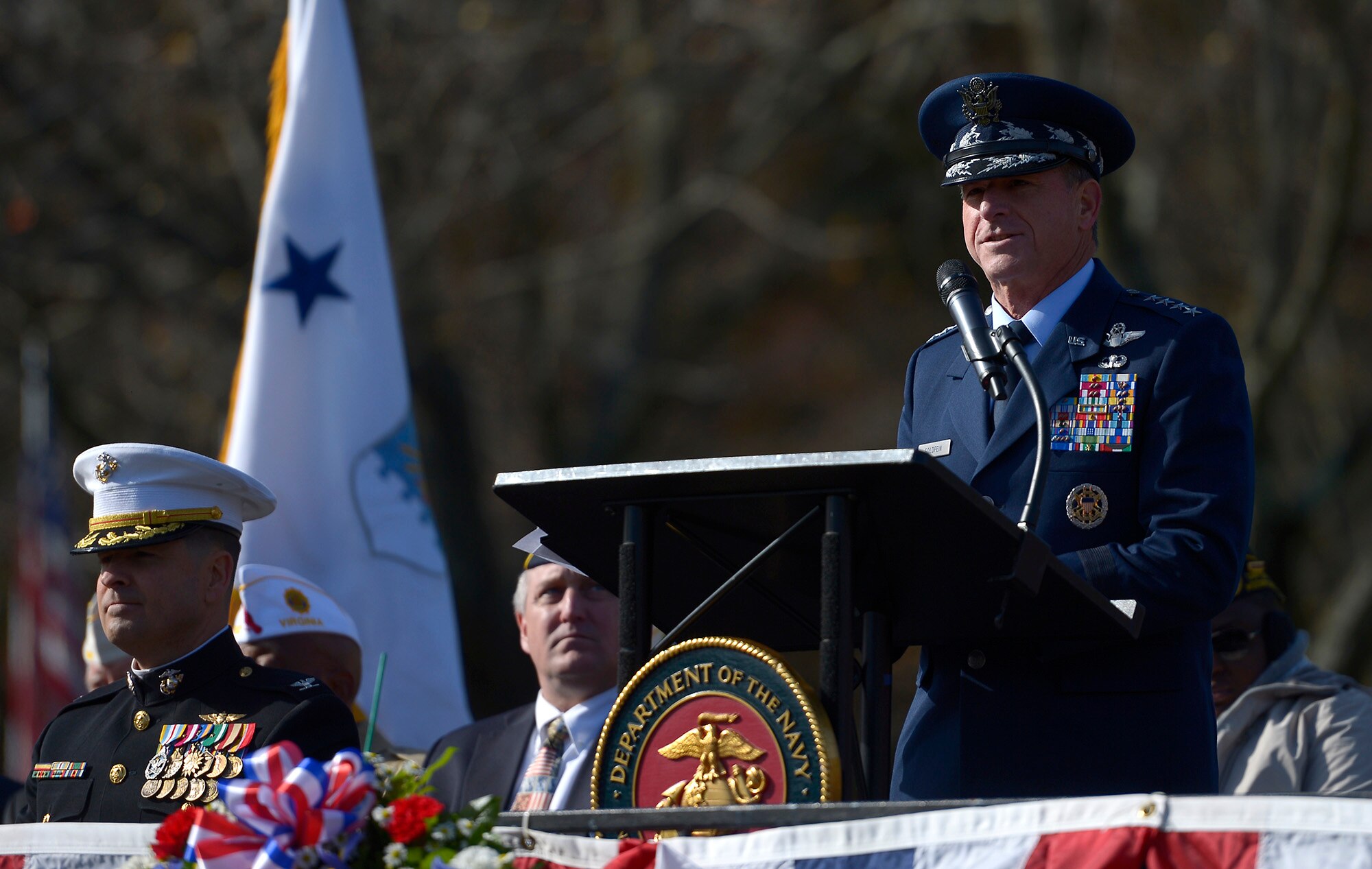 Air Force Chief of Staff Gen. David L. Goldfein delivers the keynote speech during a Veterans Day ceremony at Quantico National Cemetery in Quantico, Va., Nov. 11, 2017. The Veterans Day ceremony is an annual event hosted by the Potomac Region Veterans Council. The event featured a performance by the Quantico Marine Corps Band.  (U.S. Air Force photo by Tech. Sgt. Dan DeCook)