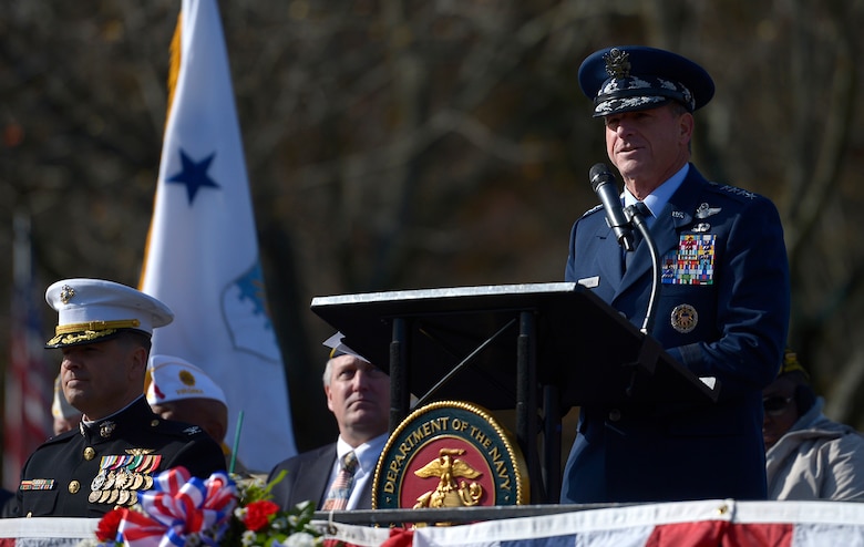 Air Force Chief of Staff Gen. David L. Goldfein delivers the keynote speech during a Veterans Day ceremony at Quantico National Cemetery in Quantico, Va., Nov. 11, 2017. The Veterans Day ceremony is an annual event hosted by the Potomac Region Veterans Council. The event featured a performance by the Quantico Marine Corps Band.  (U.S. Air Force photo by Tech. Sgt. Dan DeCook)