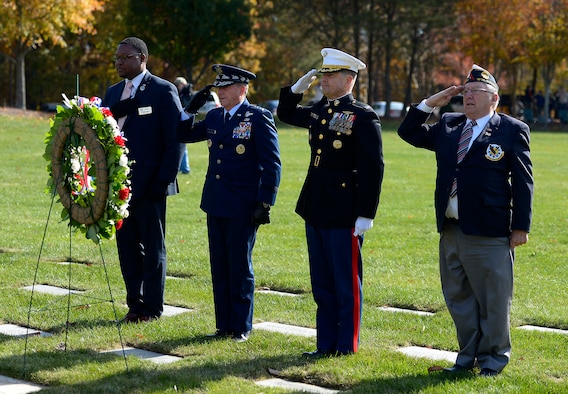 Air Force Chief of Staff Gen. David L. Goldfein salutes after placing a wreath during a Veterans Day ceremony at Quantico National Cemetery in Quantico, Va., Nov. 11, 2017. The Veterans Day ceremony is an annual event hosted by the Potomac Region Veterans Council. The event featured a performance by the Quantico Marine Corps Band. (U.S. Air Force photo by Tech. Sgt. Dan DeCook)