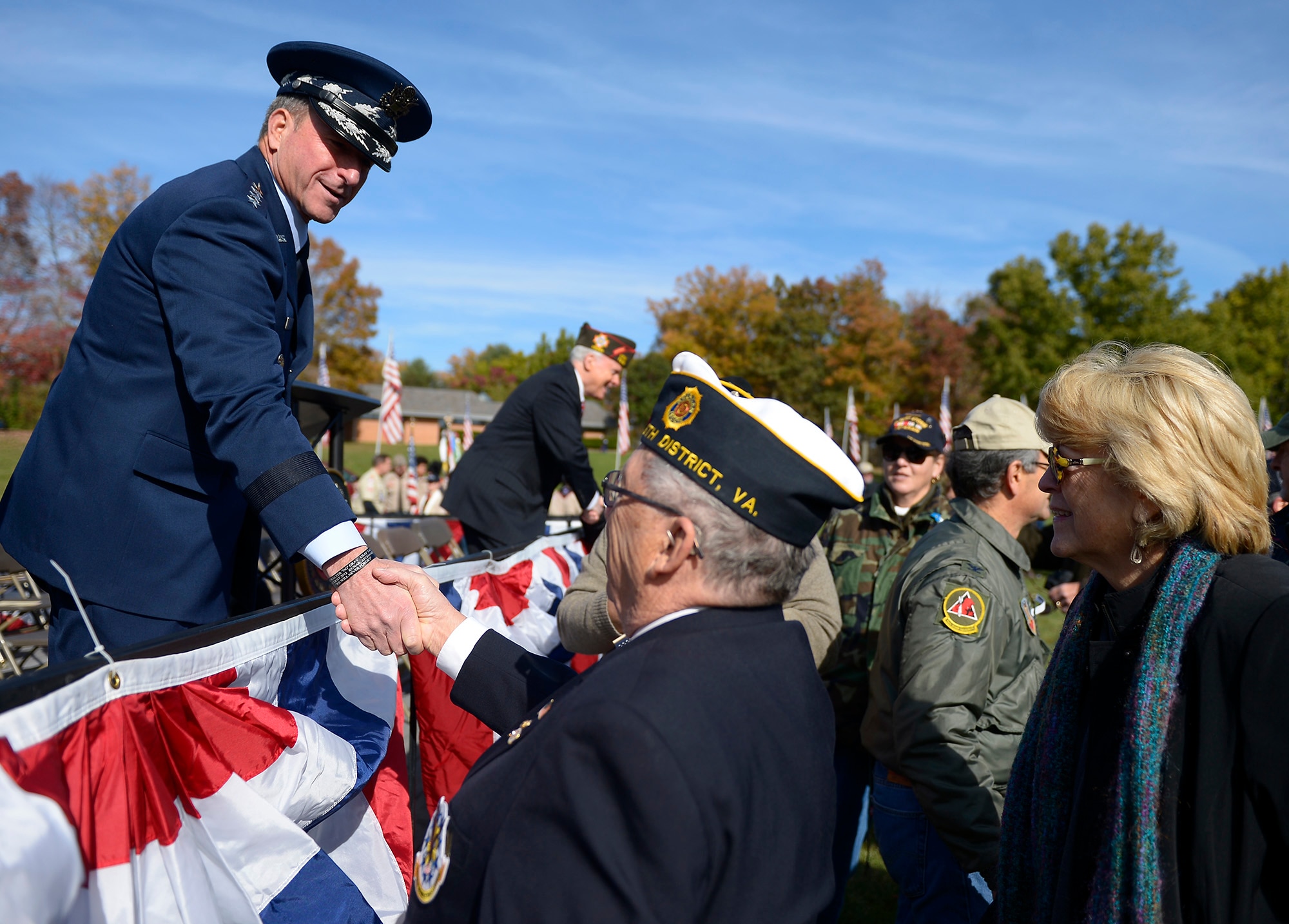 Air Force Chief of Staff Gen. David L. Goldfein shakes hands with veterans who attended this year’s Veterans Day ceremony at Quantico National Cemetery in Quantico, Va., Nov. 11, 2017. The Veterans Day ceremony is an annual event hosted by the Potomac Region Veterans Council. The event featured a performance by the Quantico Marine Corps Band. (U.S. Air Force photo by Tech. Sgt. Dan DeCook)