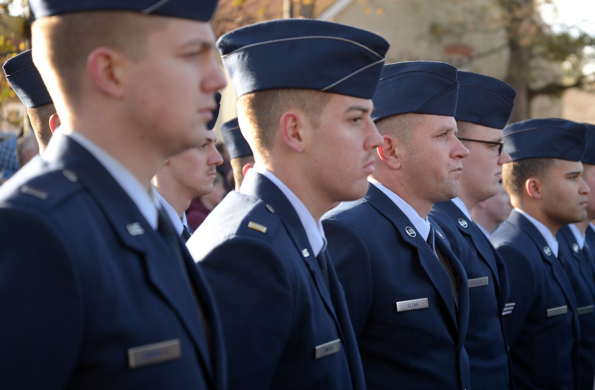 U.S. Airmen from the 100th Air Refueling Wing stand in formation during a Remembrance Day ceremony in Mildenhall, England, Nov. 12, 2017. Airmen, civic leaders, military cadets and others gathered to honor members of the armed services who have died in the line of duty. (U.S. Air Force photo by Airman 1st Class Benjamin Cooper)