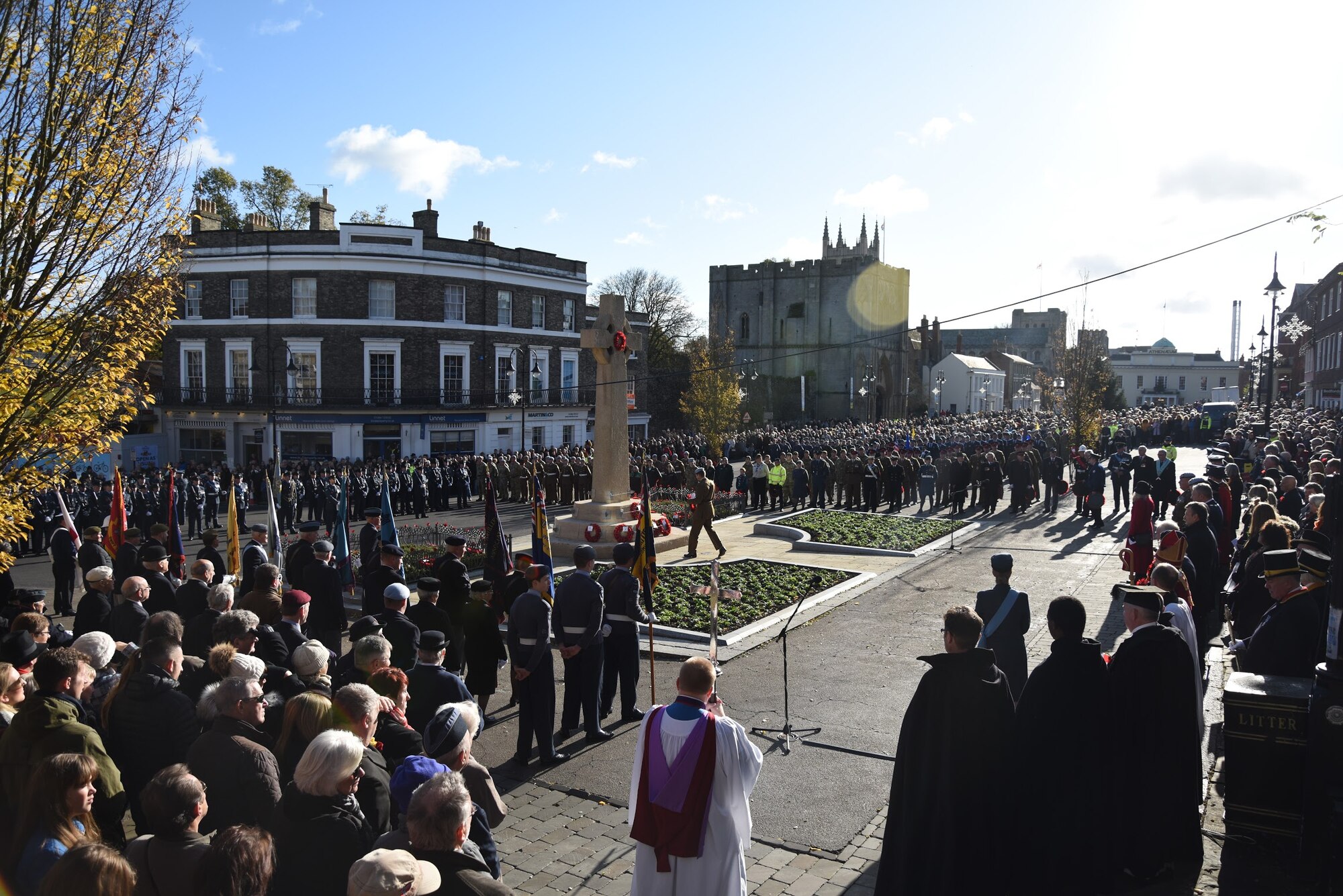 U.S. Airmen stationed at RAF Lakenheath and RAF Mildenhall march in a Remembrance Day parade in Bury St. Edmunds, Suffolk, England, Nov. 12, 2017. Members of the U.S. Air Force and Royal Air Force, civic leaders, military cadets and others also participated. They gathered around the town square with a crowd of supporters to offer prayers and thanks to those soldiers who sacrificed their lives during the wars. (U.S. Air Force photo by Senior Airman Kelly O'Connor)
