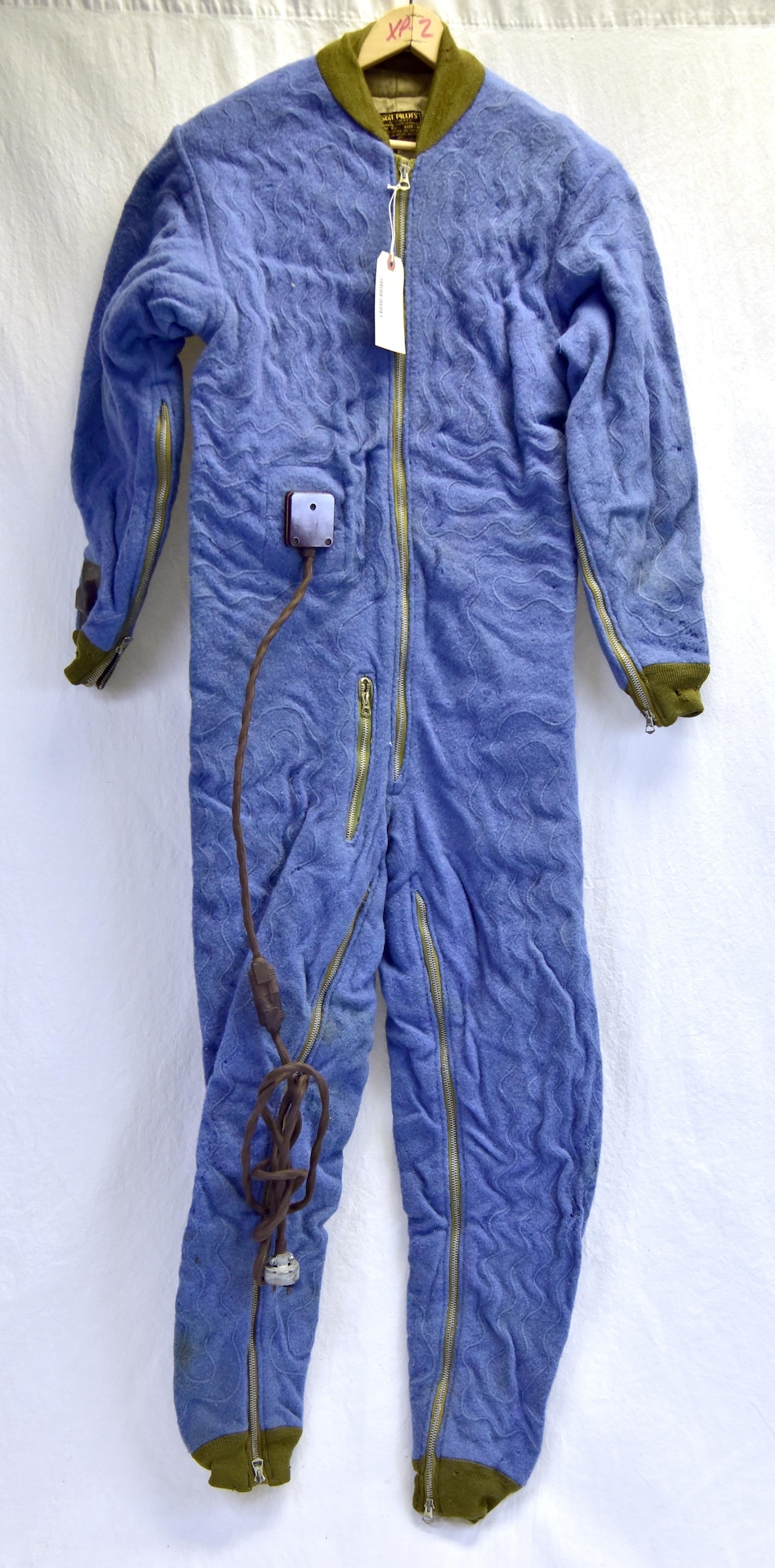 Plans call for this artifact to be displayed near the B-17F Memphis Belle™ as part of the new strategic bombardment exhibit in the WWII Gallery, which opens to the public on May 17, 2018. F-1 “Blue Bunny” electrically-heated suit. The first type used by bomber crews, its internal wires often broke in use, shocking the wearer.