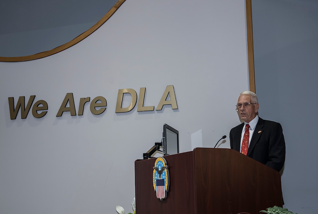 John Wolfe speaks about military service during the 242nd Marine Corps birthday celebration at DSCC.