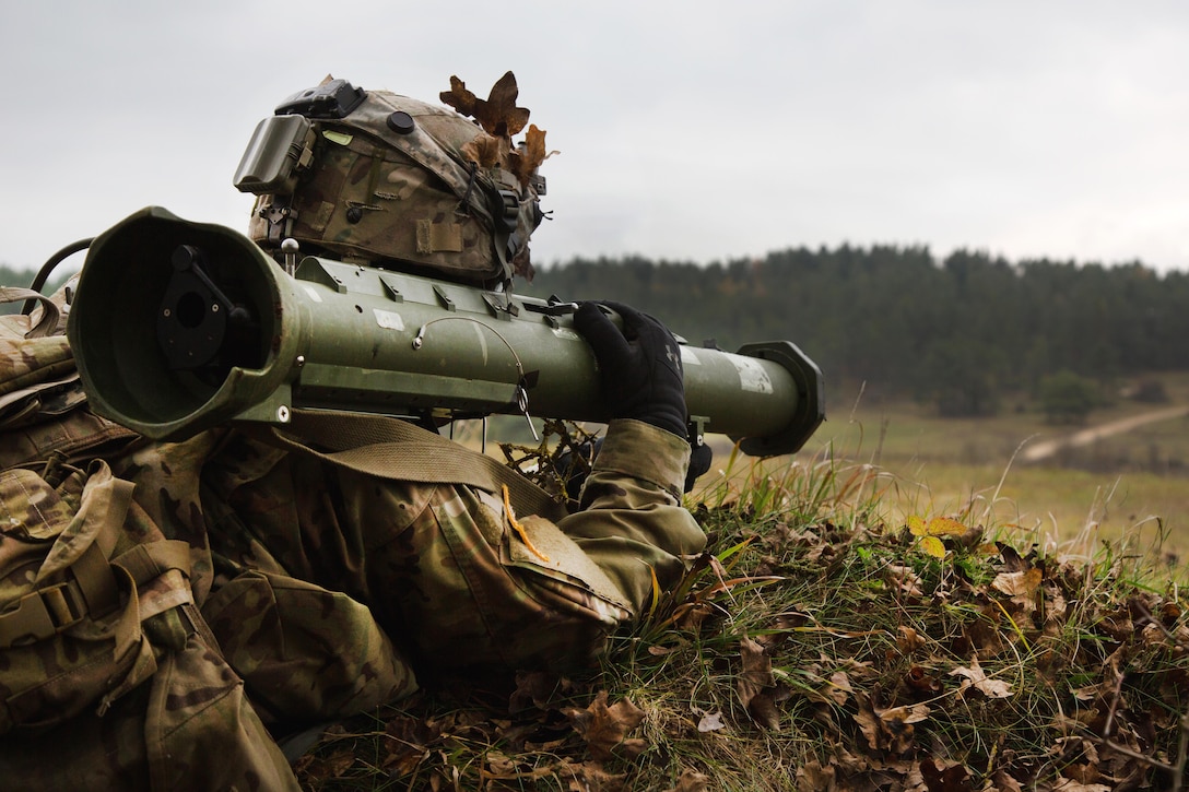 A soldier readies an M136E1 AT4 light anti-tank weapon during exercise Allied Spirit VII at the Army’s Joint Multinational Readiness Center in Hohenfels, Germany.