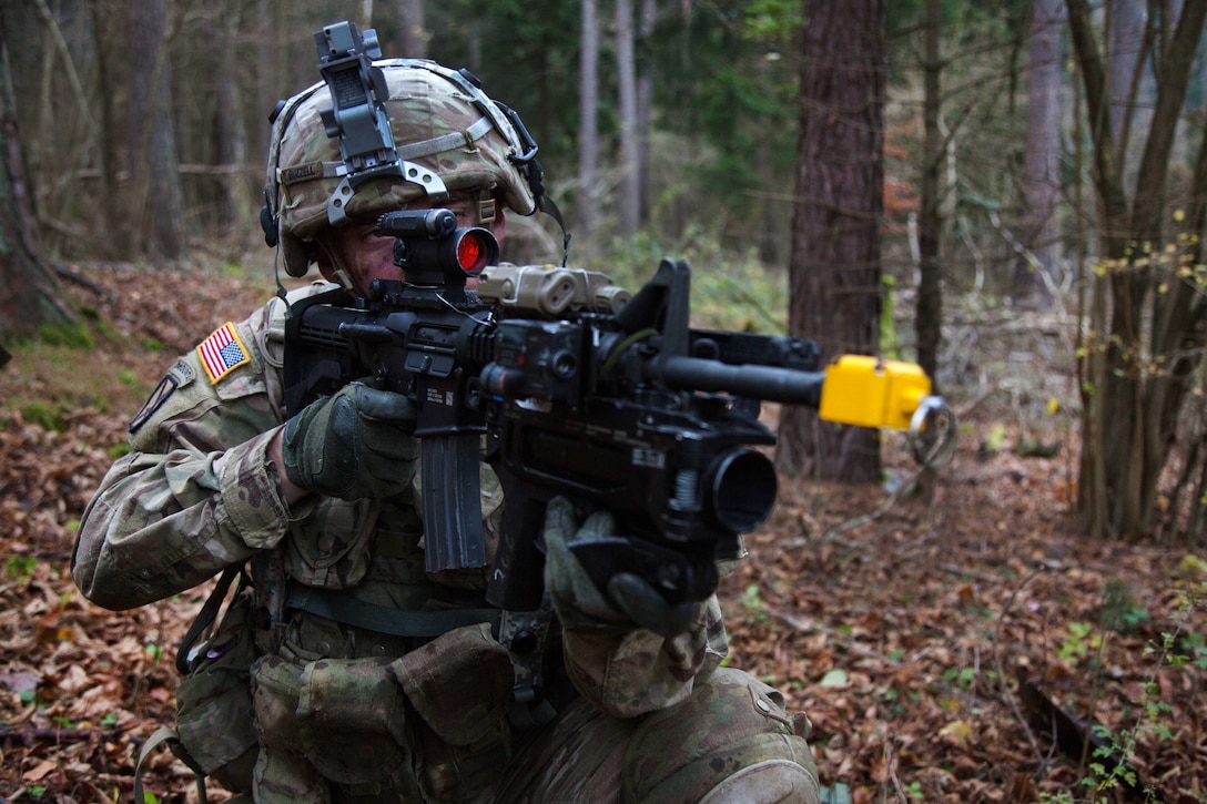 A soldier scans his sector while providing security during exercise Allied Spirit VII at the Army’s Joint Multinational Readiness Center in Hohenfels, Germany.