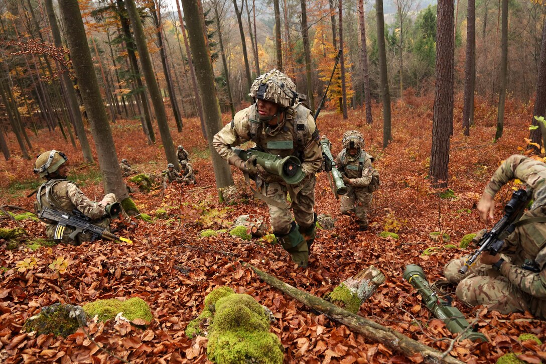 British soldiers advance while conducting a reconnaissance mission during exercise Allied Spirit VII at the Army’s Joint Multinational Readiness Center in Hohenfels, Germany.