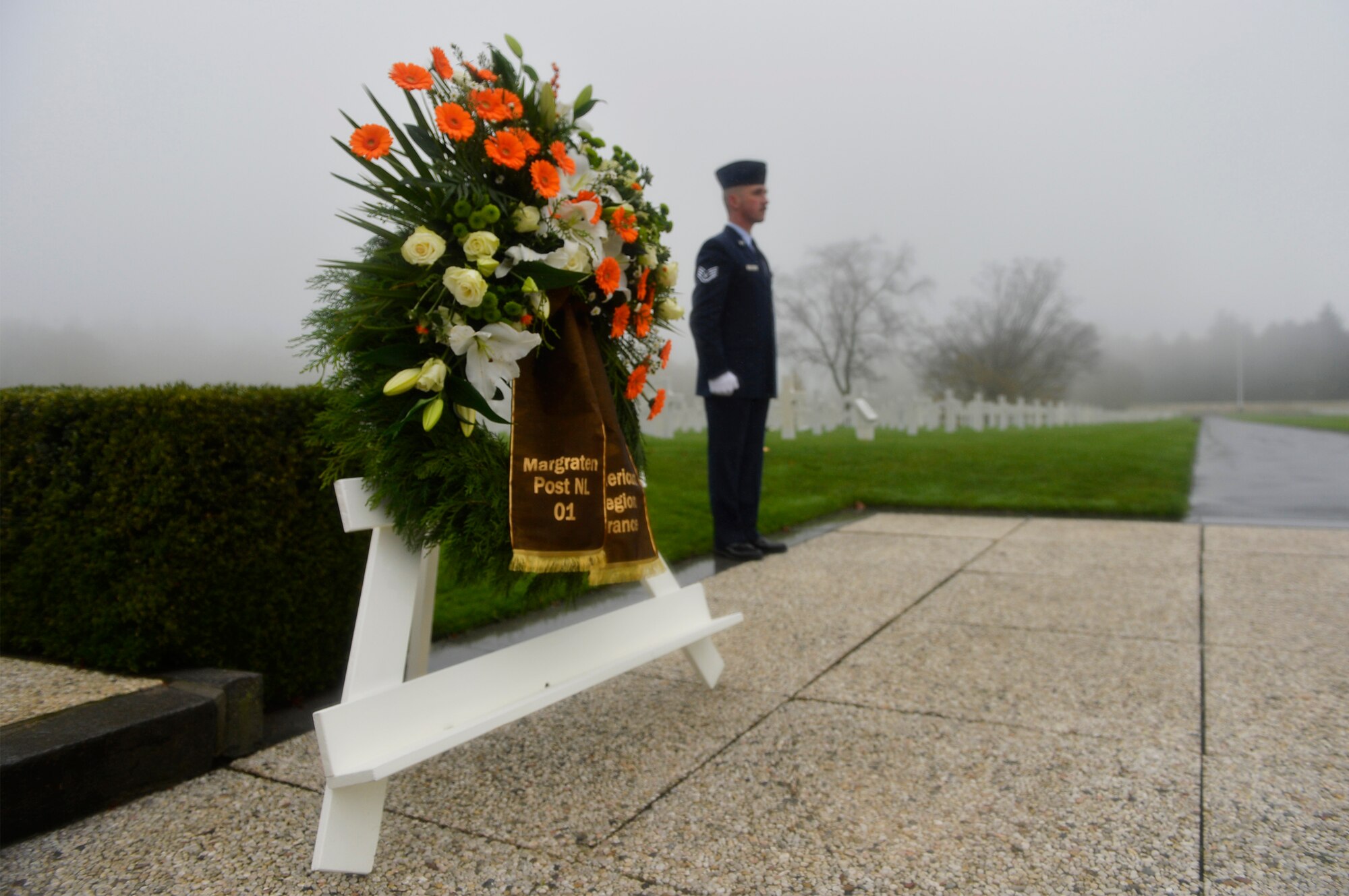 A wreath is displayed during a Veterans Day ceremony at Henri-Chapelle American Cemetery and Memorial, Belgium, Nov. 11, 2017. The event was attended by both U.S. and Belgian civilians as well as members of the American Legion. (U.S. Air Force photo by Airman 1st Class Joshua Magbanua)