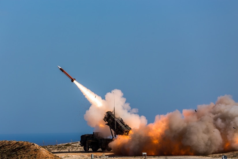 German soldiers assigned to Surface Air and Missile Defense Wing 1 fire the Patriot air defense missiles at the NATO Missile Firing Installation during Exercise Artemis Strike 2017 in Chania, Greece.
