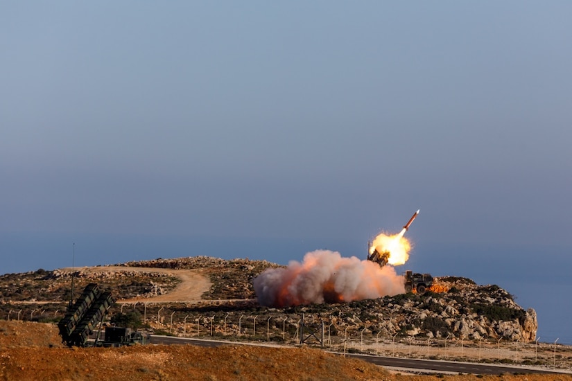 German soldiers assigned to Surface Air and Missile Defense Wing 1 fire the Patriot air defense missiles at the NATO Missile Firing Installation during Exercise Artemis Strike 2017 in Chania, Greece.