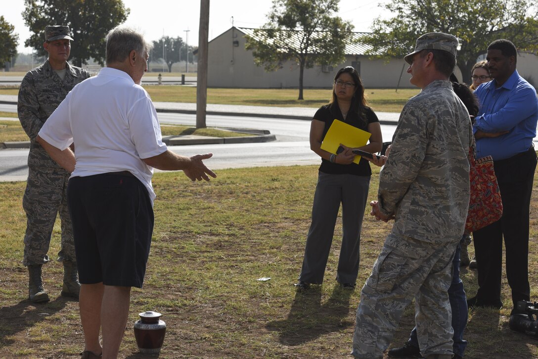 Ron Cichon speaks after spreading his mother’s ashes at Goodfellow Air Force Base, Texas, Nov. 6, 2017. His mother’s final request was to be returned to Goodfellow where she and her husband began their familly.