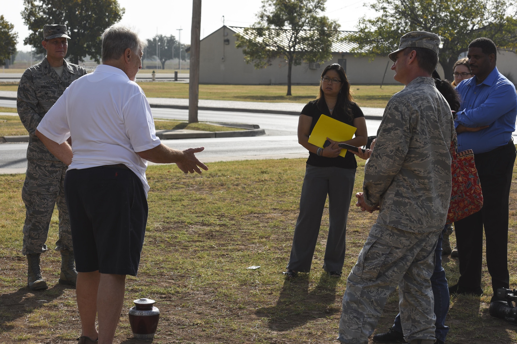 Ron Cichon speaks after spreading his mother’s ashes at Goodfellow Air Force Base, Texas, Nov. 6, 2017. His mother’s final request was to be returned to Goodfellow where she and her husband began their familly.
