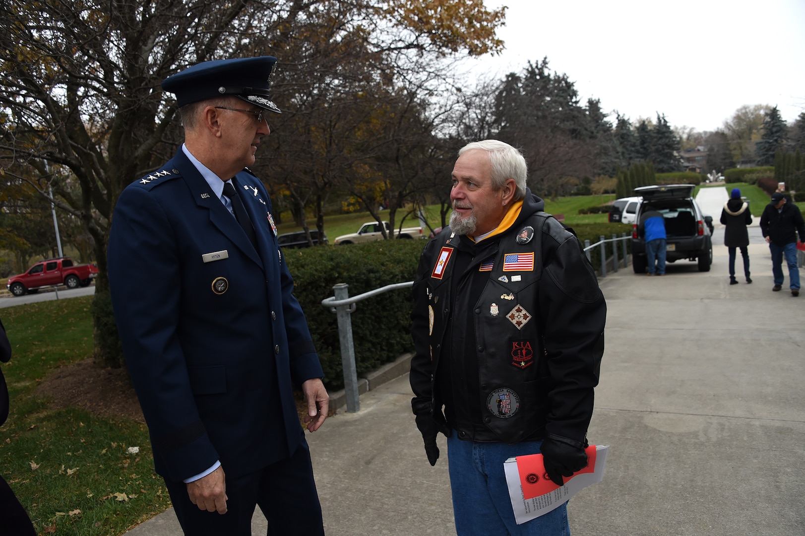 U.S. Air Force Gen. John Hyten, commander of U.S. Strategic Command, speaks with Lonnie Ford, a Gold Star father, before a Veterans Day ceremony at Memorial Park in Omaha, Neb., Nov. 11, 2017. Ford’s son, U.S. Army Sgt. Joshua Ford, was killed July 31, 2000, during combat operations in Al Numaniyah, Iraq. More than 200 people attended the ceremony to honor the service and sacrifice of American veterans and their families.