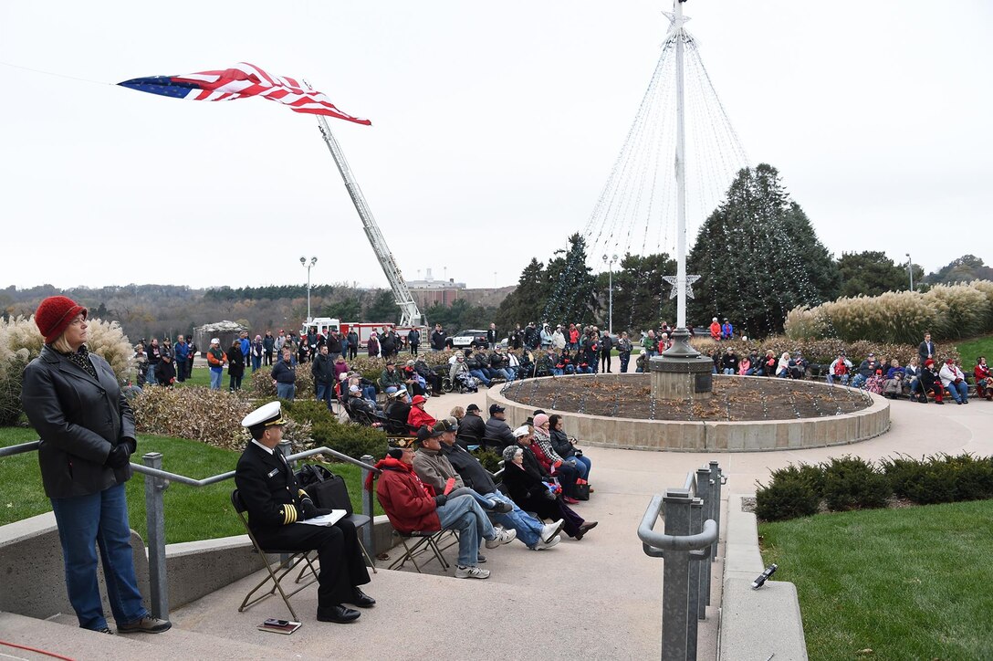 Veterans and other members of the Omaha community listen to speakers during a Veterans Day ceremony at Memorial Park in Omaha, Neb., Nov. 11, 2017. More than 200 people attended the ceremony to honor the service and sacrifice of American veterans and their families.