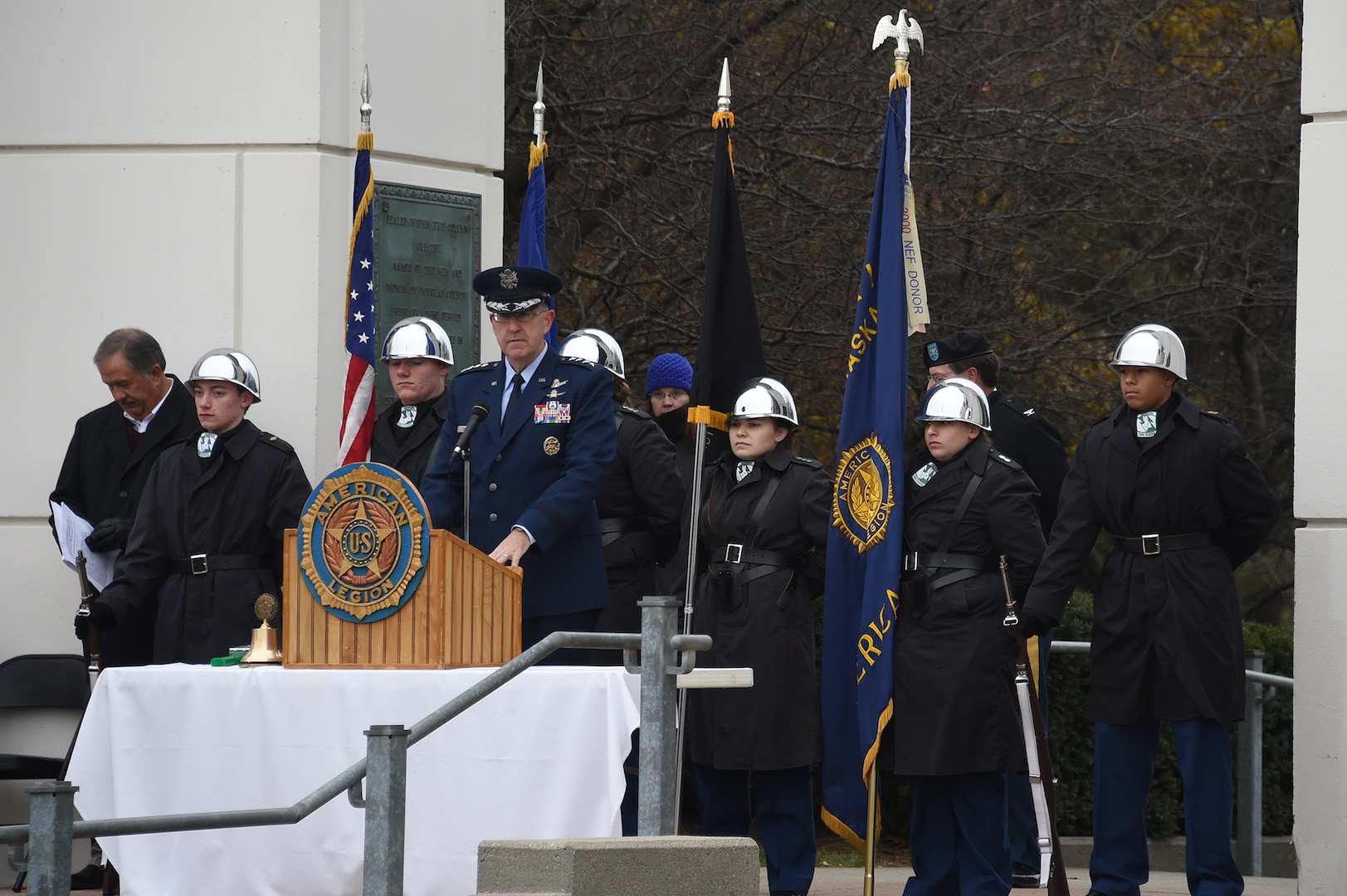U.S. Air Force Gen. John Hyten, commander of U.S. Strategic Command, delivers remarks during a Veterans Day ceremony at Memorial Park in Omaha, Neb., Nov. 11, 2017. More than 200 people attended the ceremony to honor the service and sacrifice of American veterans and their families.
