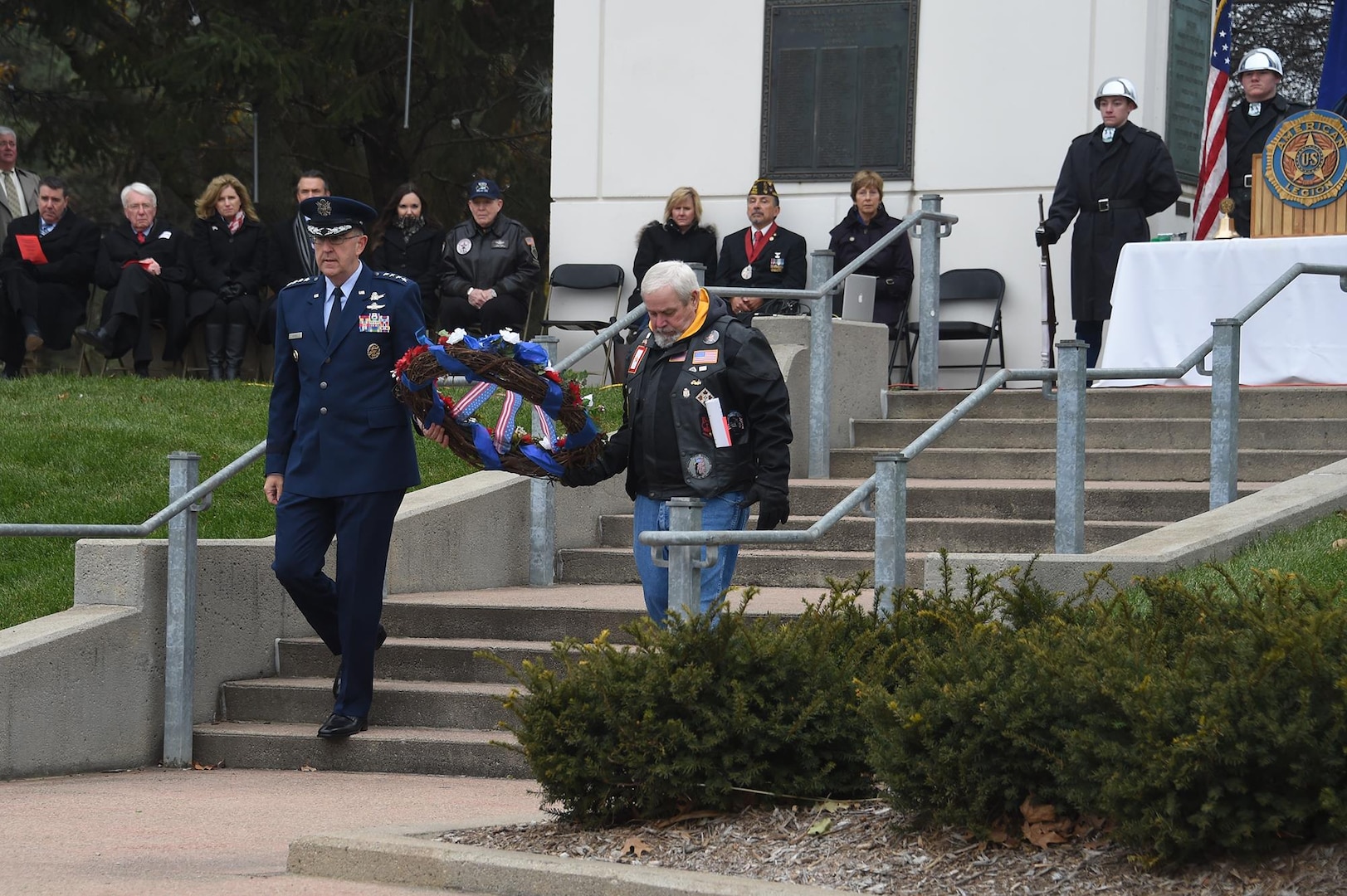 U.S. Air Force Gen. John Hyten, commander of U.S. Strategic Command, and Lonnie Ford, a Gold Star father, carry a wreath during a Veterans Day ceremony at Memorial Park in Omaha, Neb., Nov. 11, 2017. Ford’s son, U.S. Army Sgt. Joshua Ford, was killed July 31, 2000, during combat operations in Al Numaniyah, Iraq. More than 200 people attended the ceremony to honor the service and sacrifice of American veterans and their families.
