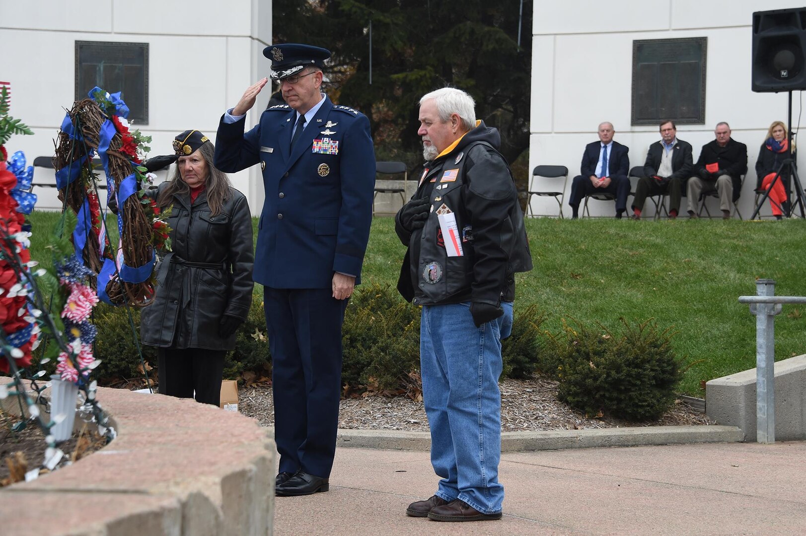 U.S. Air Force Gen. John Hyten, commander of U.S. Strategic Command, and Lonnie Ford, a Gold Star father, pay respects after placing a wreath to honor the sacrifice of American veterans during a Veterans Day ceremony at Memorial Park in Omaha, Neb., Nov. 11, 2017. Ford’s son, U.S. Army Sgt. Joshua Ford, was killed July 31, 2000, during combat operations in Al Numaniyah, Iraq. More than 200 people attended the ceremony to recognize the service of American veterans and their families.