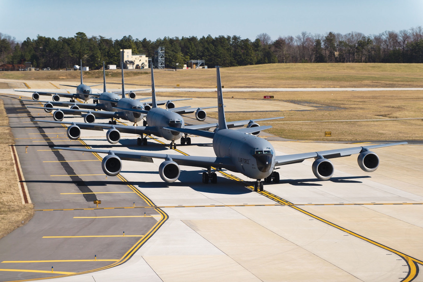 459th Air Refueling Wing KC-135R Stratotankers taxi in formation during an alert exercise at Joint Base Andrews, Maryland.
